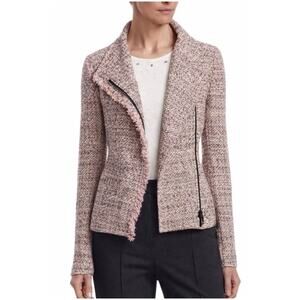 Akris Punto Women’s Sz 10 Pink Tweed Fringe Trim Moto Jacket Cotton Blend